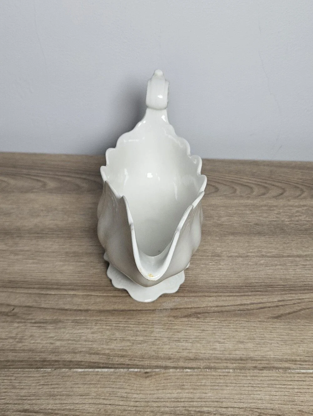 Vintage White Ceramic Gravy Boat Scalloped Embossed Scroll Handle Unmarked